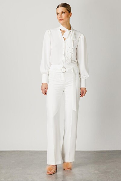 Moda İlgi Modailgi  Geniş Paça Kemerli Pantolon Ekru