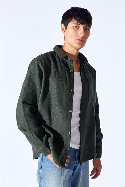 Manche Stamp Acrylic Soft Textured Plain Oversize Winter Men's Outer Shirt |   Khaki Mew 129528 -01