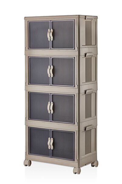 EVLE 4'lü Portatif Istiflenebilir Tekerlekli Organizer Dolap Plastik Banyo Mutfak Dolapları, Toprak