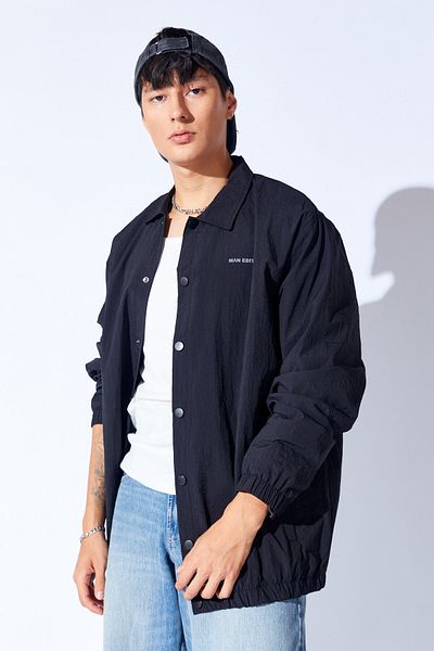 Manche Parachute Fabric Printed Rainproof Oversize Coat with Snap Fasteners |   Black Mnw 345791 -01