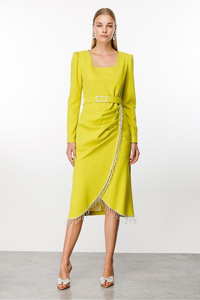 Moda İlgi Modailgi Fringe Stone Detailed Wrap Dress Acid