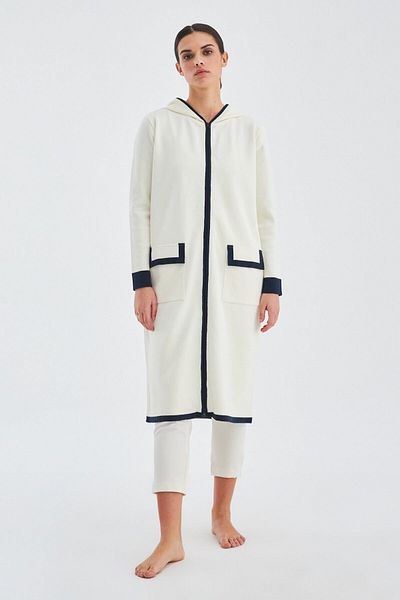 Peraluna Cardigan lung Nara, 100% bumbac, cu glugă, tricotaj pentru femei - Ecru/albastru închis