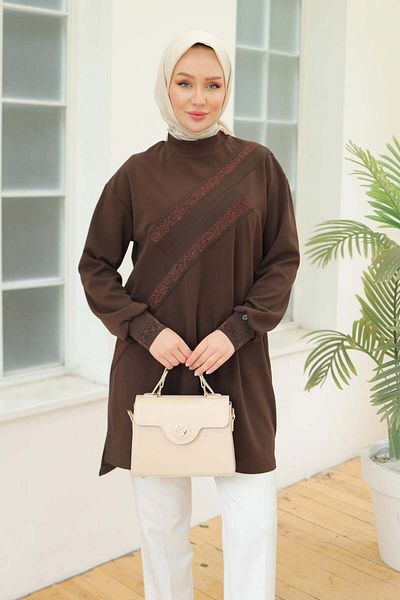 Armine Ribbed Handles Glitter Detailed Tunic Bitter Brown 24Kt418