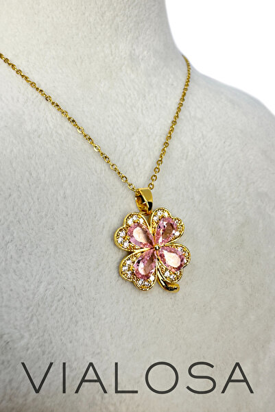 VIALOSA Yonca Pembe Zirkon Taşlı Çelik Kolye