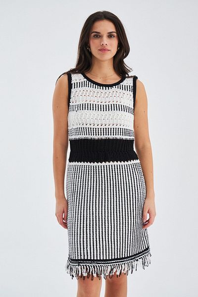 Peraluna Rochie Kiyo Rochie de vară pentru femei, din bumbac, fără mâneci, până la genunchi - Ecru/negru