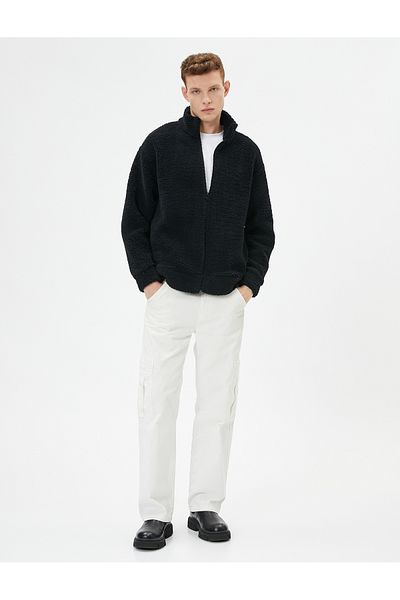Koton Plush Sweatshirt Zippered Stand Collar Soft Textured