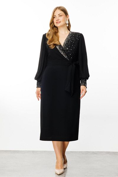 Moda İlgi Black Modailgi Dress - Pleated Sleeves and Stone Detail