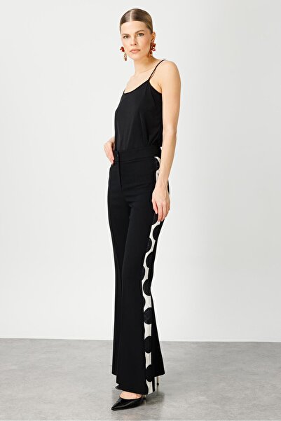 Moda İlgi Modailgi Puantiye Şeritli İspanyol Paça Pantolon - 7564 Siyah