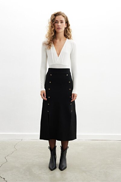 Peraluna Blake Skirt Button Detailed Slit Midi Length Women's Knitwear Skirt - Black