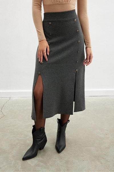 Peraluna Blake Skirt Button Detailed Slit Midi Length Women's Knitwear Skirt - Anthracite Melange