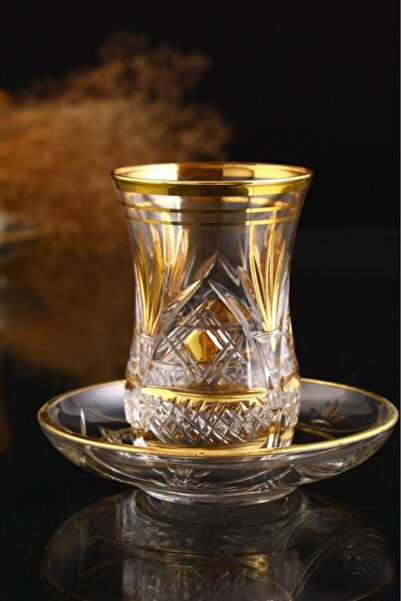 KristalGalerisi 12 Parça Kulplu Çay Takımı - Klasik Boy - Kubbe Dıy Altın