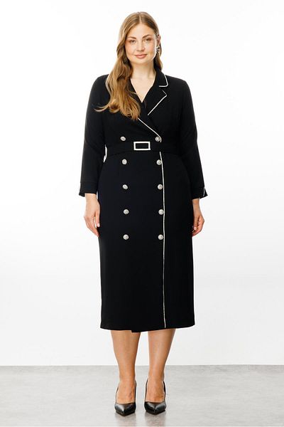 Moda İlgi Black Double-breasted Fashionable Dress - Stripe and Stone Detail