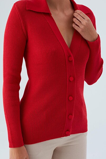 Peraluna Polo V-Neck Rib Knit Fit Cut Women's Knitwear Cardigan - Red