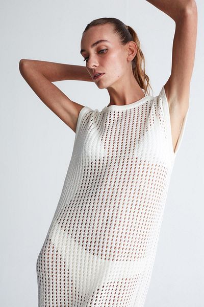 Peraluna Pearl Dress Openwork Crew Neck Long Women's Knitwear Dress - Ecru
