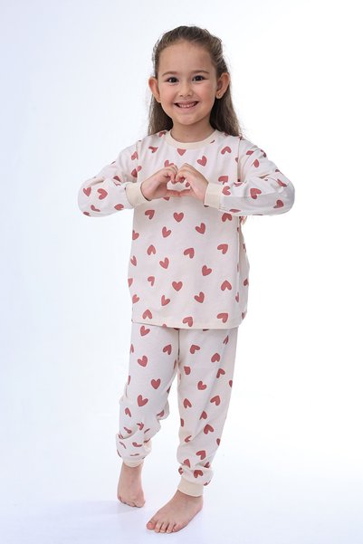 ZUZUNGA Tiny Hearts Family Patterned 100% Cotton Girls' Pajama Set