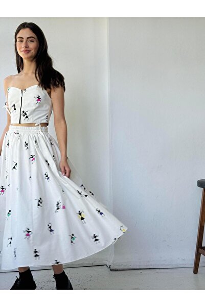 Retrobird Fusta midi de damă ecru - Fusta evazată cu model și cadou