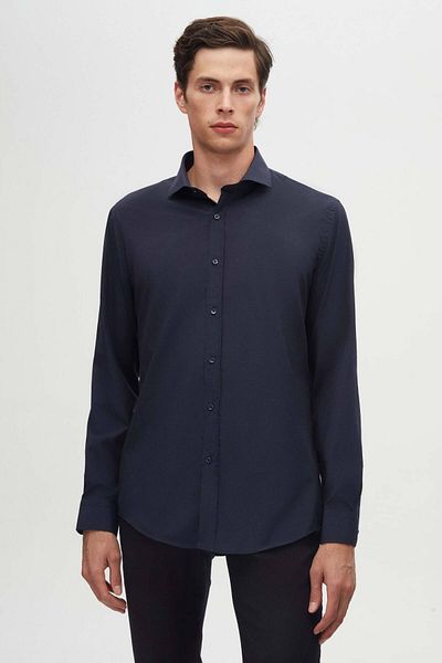 D'S Damat Тъмносиня риза с дълъг ръкав Slim Fit с класическа вратовръзка и прилепнала кройка