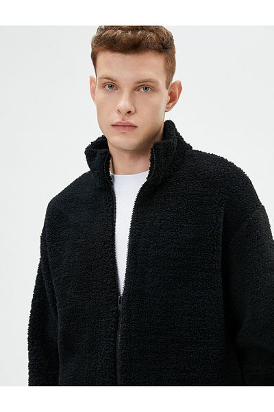 Koton Plush Sweatshirt Zippered Stand Collar Soft Textured