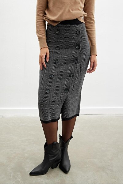 Peraluna Styleboom X Peraluna CHESHIRE SKIRT Herringbone Pattern Midi Length Women's Knitwear Skirt - Black