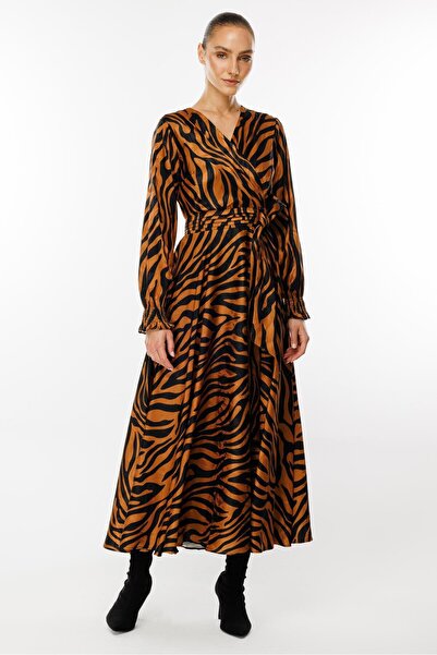 Moda İlgi Modailgi  Volanlı Uzun Zebra Desen Elbise Tarçın