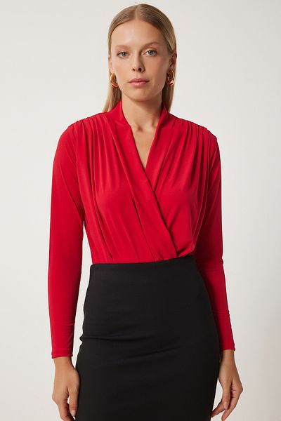 Lovelyİstanbul Red Sandy Blouse - Wrap Collar, Padded and Snap Fastener Lzh0007