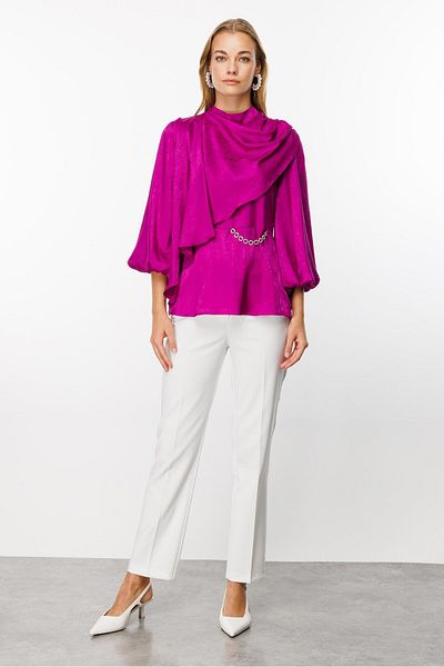 Moda İlgi Fuchsia Modailgi - Degaje Collar and Balloon Sleeve Jacquard Blouse