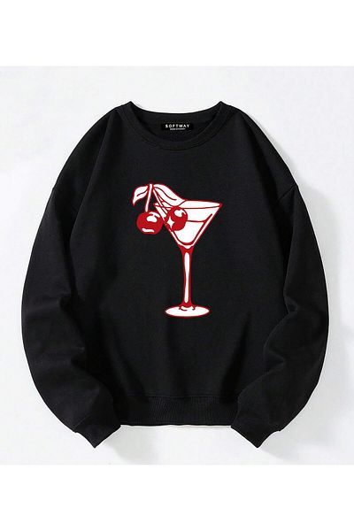 SOFTWAY Φούτερ Unisex Oversize Cherry Cocktail με στάμπα - Crew Neck, ΦΟΥΚΙΔΙΔΑ