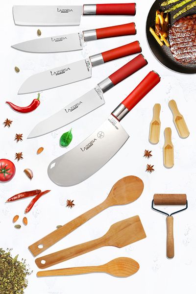 LAZBİSA Red Craft Series Kitchen Knife Set and Montessev Wooden Spoon Dough Roller Set (12 Pieces)
