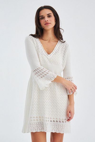 Peraluna Yoho Dress Openwork V-Neck Knee-Length Summer Women's Knitwear Dress - Ecru