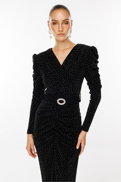 Moda İlgi Black Jewelled Fashionable Dress - Gather Detailed