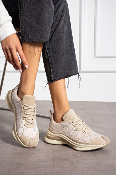 Seniorah Γυναικεία αθλητικά παπούτσια Star Beige από γνήσιο δέρμα σουέτ με λεπτομέρεια από πέτρα