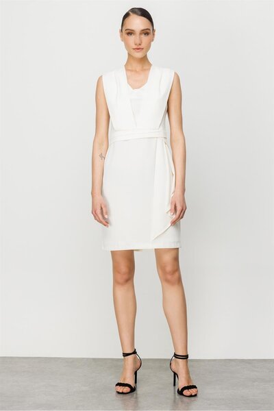 Moda İlgi Modailgi Kolsuz Volan Detaylı Elbise Ekru
