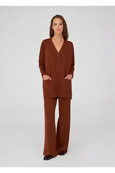 Peraluna Nıcola Long Cardıgan Cepli Klasik Kesim V Yaka Uzun Kadın Triko Hırka - Kahve