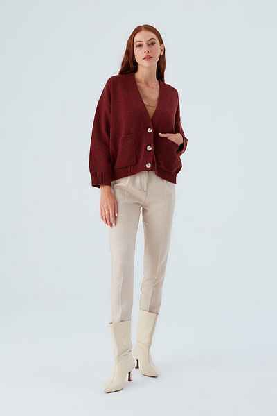 Peraluna Carol Cardigan Pocketed Buttoned Relaxed Cut Crop Women's Knitwear Cardigan - Claret Red