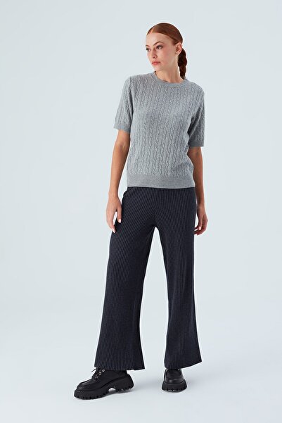 Peraluna Nıcole Blouse Saç Örgülü Kısa Kollu Kaşmirli Kadın Triko Bluz - Gri Melanj