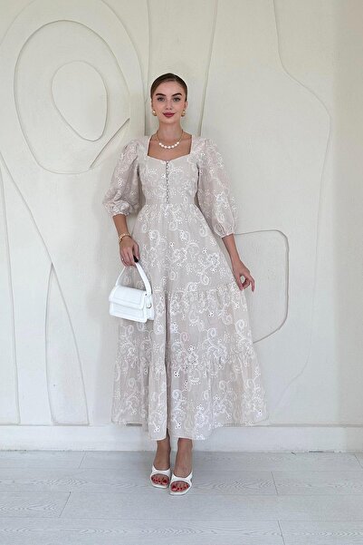 Elbee Fashion Woman Düğmeli Brode Elbise