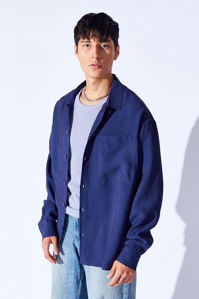 Manche Men's Oversize Textured Modal Shirt - Thick Pocket, Navy Blue Mnw 191099 -01