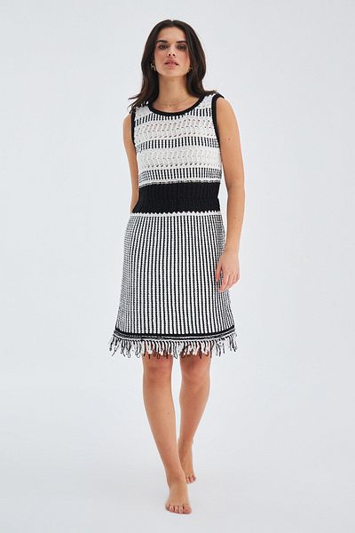 Peraluna Rochie Kiyo Rochie de vară pentru femei, din bumbac, fără mâneci, până la genunchi - Ecru/negru
