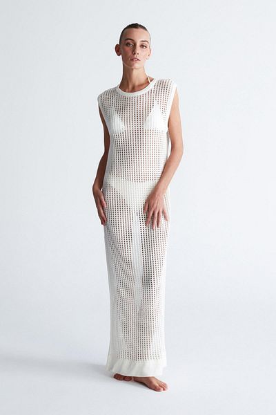 Peraluna Pearl Dress Openwork Crew Neck Long Women's Knitwear Dress - Ecru