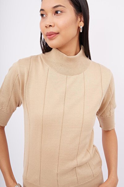 Peraluna BETTY BLOUSE Beige Turtleneck Thin Basic Women's Knitwear Blouse - Short Sleeve