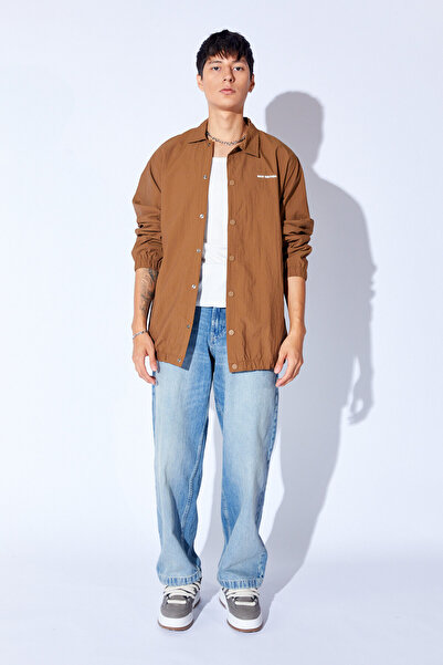 MAN EDITION Brown Parachute Fabric Printed Rainproof Oversize Coat with Snap Fasteners |   Ee 1000345791