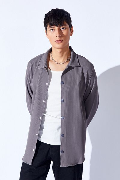 Manche Flexible and Thick Textured Anthracite Men's Outer Shirt - Oversize Snap Mnw 128996 -01
