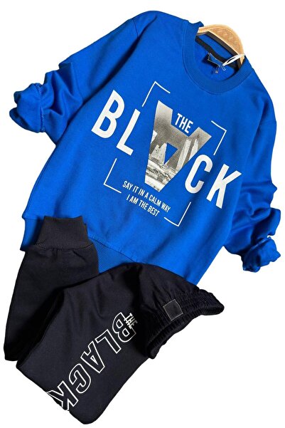 Riccotarz Erkek Çocuk The Black Yazı ve Figür Detaylı Mavi Eşofman Takım