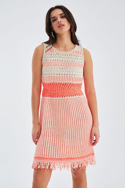 Peraluna Rochie Kiyo, fără mâneci, din bumbac, până la genunchi, rochie de vară pentru femei - bej/portocaliu neon