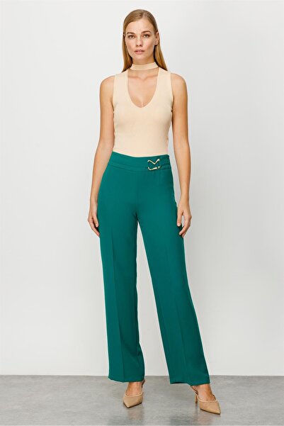 Moda İlgi Modailgi Beli Metal Toka Detaylı Pantolon Yeşil