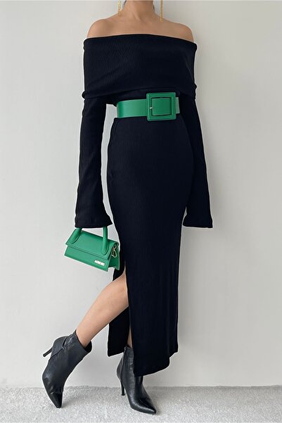 WOMAN VISION Black Faux Green Leather Belt with Wide Band and Buckle Design 15525