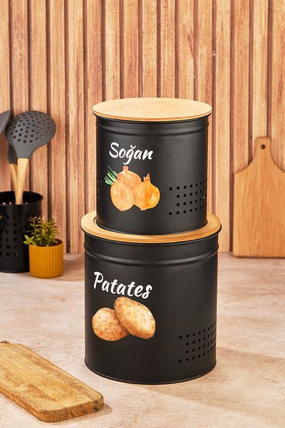 hemlife Food Storage Container - 2-Tier Black Metal Storage Box, Potato and Onion Basket with Wooden Lid