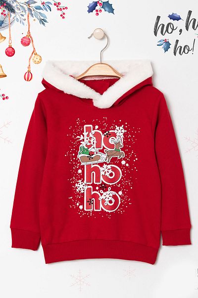 Beniizle Christmas Printed Christmas Themed Hooded 2 String Ribbed Children's Sweatshirt