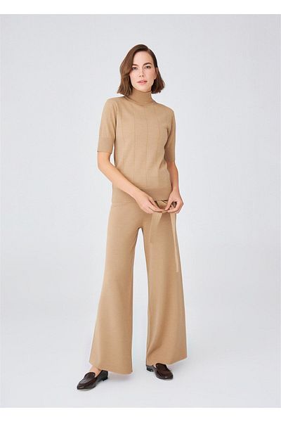 Peraluna Pipe Leg High Waist Women's Knitwear Trousers - Camel Melange
