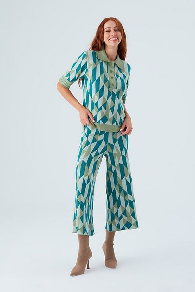 Peraluna Lena Trouser 100% Cotton Geometric Retro Patterned Women's Knitwear Trousers - Multi Green